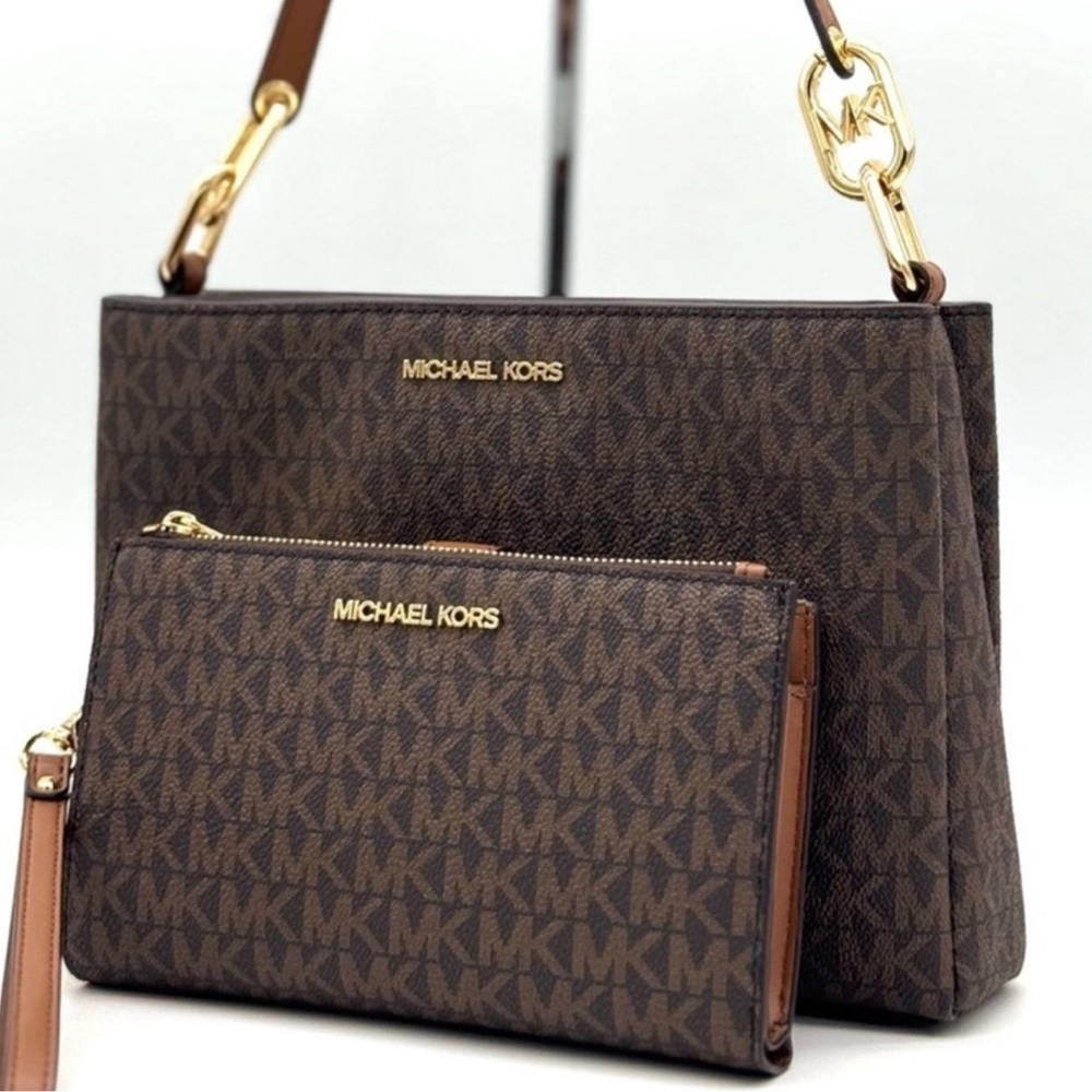 Michael Kors Trisha MD Triple Compartment Bag & Double Zip Wallet Set Brown